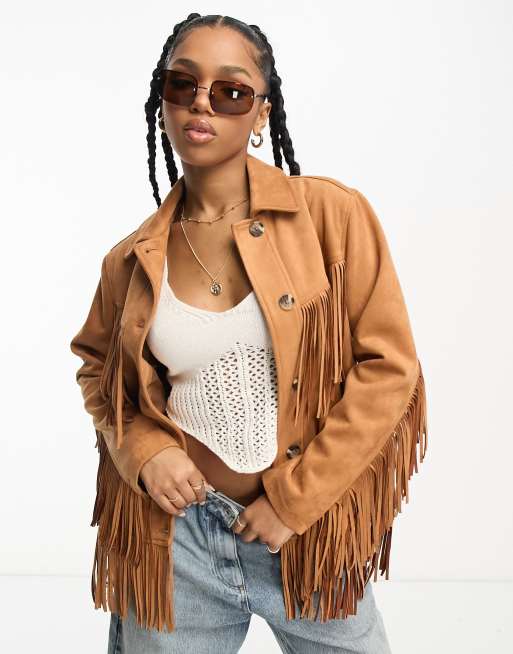 Miss Selfridge - Giacca taglio lungo con frange stile western in camoscio sintetico color cuoio 