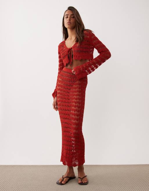 Miss Selfridge - Gilet à manches longues en maille au crochet avec liens devant - Rouge, 2 de 4
