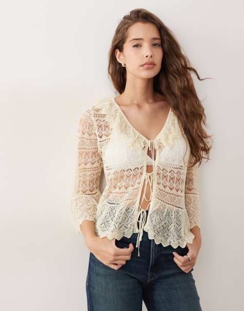 Miss Selfridge - Gilet à volants en maille ajourée de qualité supérieure - Babeurre - view 1