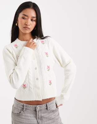 Gilet brodé en maille torsadée - Crème-Blanc L