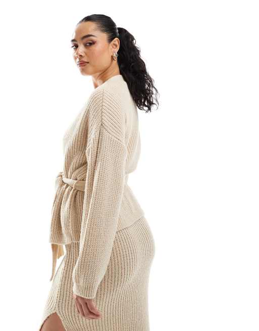 Miss Selfridge - Gilet cache-cœur long en maille avec ceinture - Taupe, 3 de 4