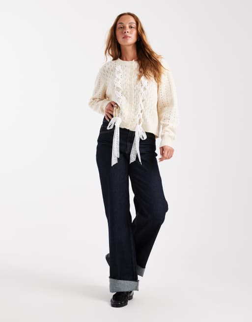Miss Selfridge - Gilet col ras-du-cou en maille pointelle à dentelle - Crème, 3 de 4