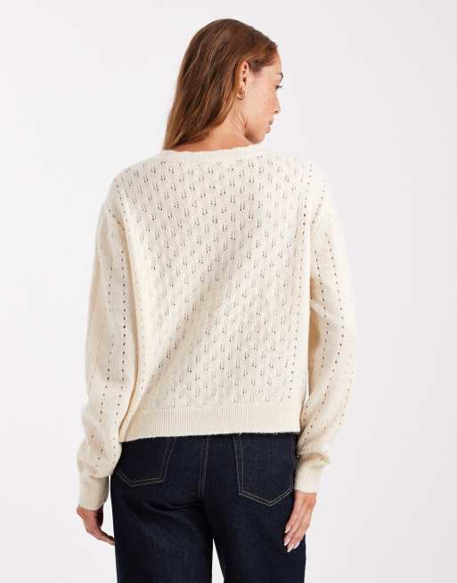 Miss Selfridge - Gilet col ras-du-cou en maille pointelle à dentelle - Crème, 4 de 4