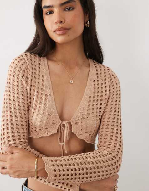 Miss Selfridge - Gilet court au crochet avec liens noués à l'avant - Vieux rose - view 1