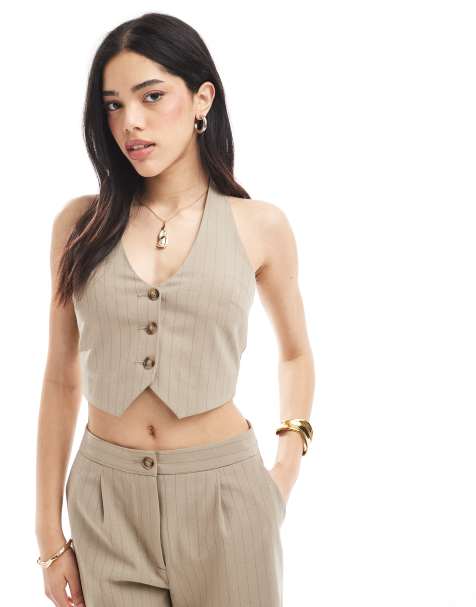 Miss Selfridge - Gilet de tailleur d'ensemble ajusté à dos nu et fines rayures - Marron - view 1