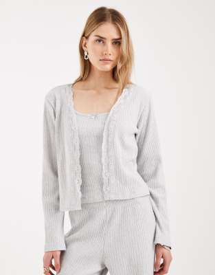 Gilet d'ensemble en maille côtelée effet brossé avec finitions dentelle - Gris clair-Blanc L