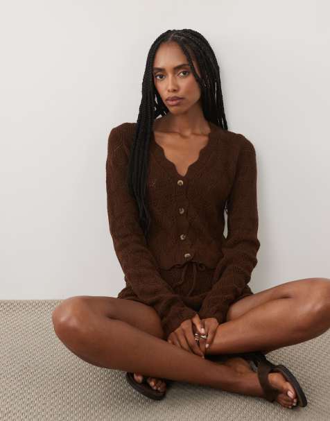 Miss Selfridge - Gilet d'ensemble en maille crochetée à col V - Marron chocolat - view 1