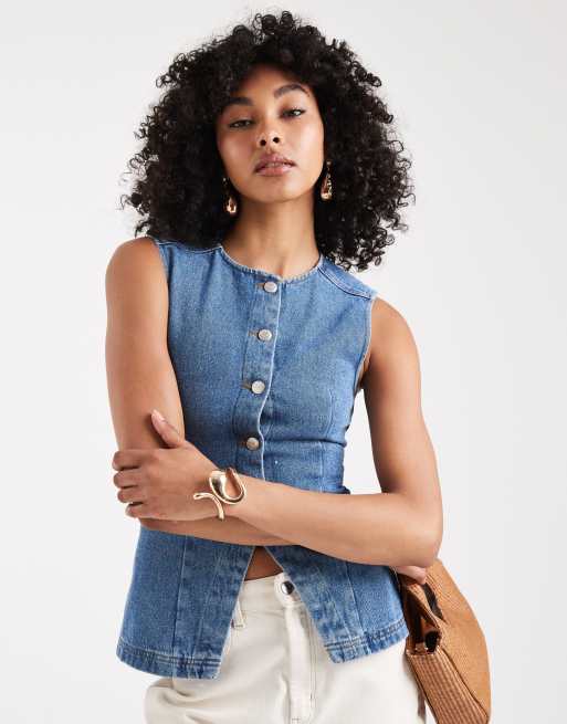 Miss Selfridge - Gilet di jeans lavaggio blu taglio lungo