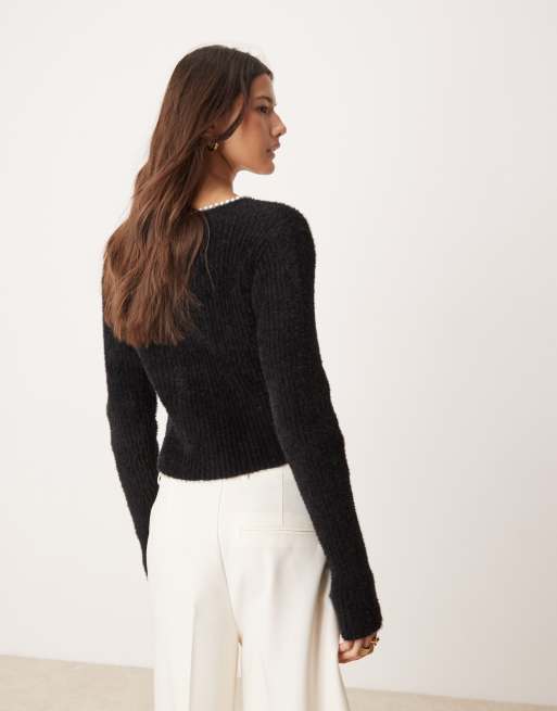 Gilet paletot maille perlée fantaisie, noir