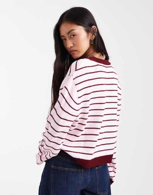 Miss Selfridge - Gilet en maille à rayures - Rose pastel et bordeaux, 2 de 4