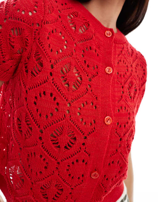 Miss Selfridge - Gilet en maille au crochet à manches courtes bouffantes - Rouge, 3 de 4