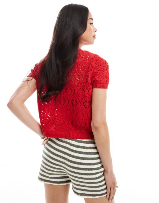 Miss Selfridge - Gilet en maille au crochet à manches courtes bouffantes - Rouge, 4 de 4