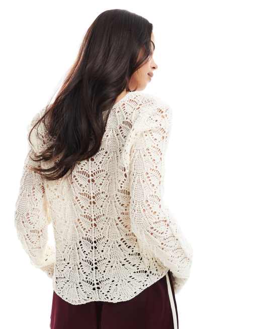 Miss Selfridge - Gilet en maille au crochet noué à l'avant - Crème, 3 de 4