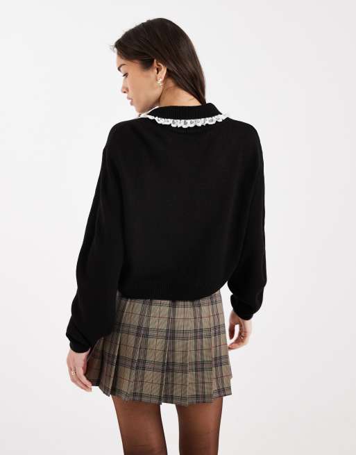 Miss Selfridge - Gilet en maille avec col en dentelle et nœud - Noir, 4 de 4