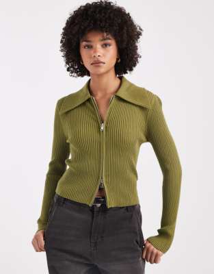 Gilet en maille côtelée à col zippé - Olive-Vert S