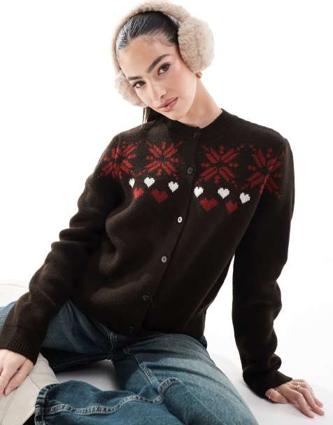 Miss Selfridge - Gilet en maille jacquard à motif cœurs et flocons - Chocolat - view 1