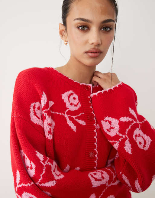 Miss Selfridge - Gilet en maille point de feston à motif fleuri - Rouge , 3 de 4