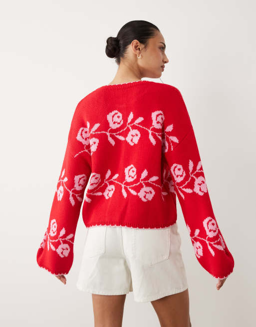 Miss Selfridge - Gilet en maille point de feston à motif fleuri - Rouge , 4 de 4