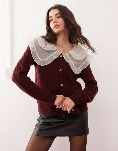 Miss Selfridge - Gilet en maille torsadée à col contrastant - Lie-de-vin - view 1