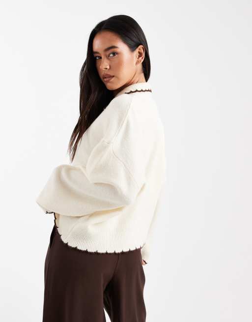 Miss Selfridge - Gilet en point de feston à liserés chocolat - Beurre, 2 de 4