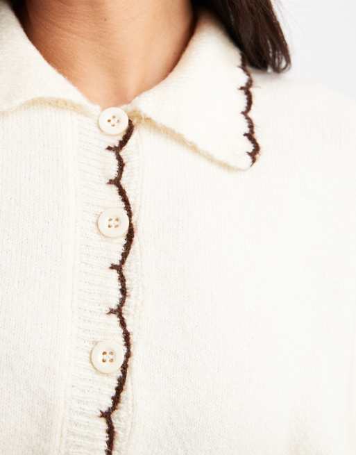 Miss Selfridge - Gilet en point de feston à liserés chocolat - Beurre, 3 de 4