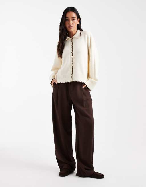 Miss Selfridge - Gilet en point de feston à liserés chocolat - Beurre, 4 de 4