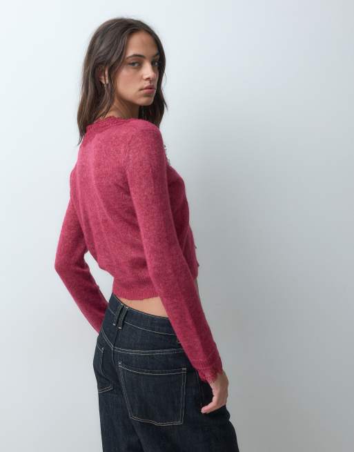 Miss Selfridge gilet fin en maille à bordure en dentelle bordeaux, 5 de 5