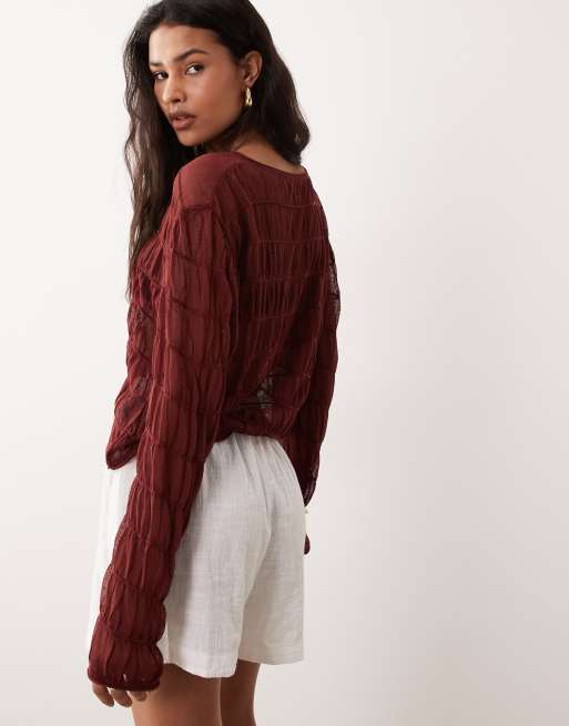 Miss Selfridge - Gilet froncé noué devant en maille transparente - Prune, 4 de 4