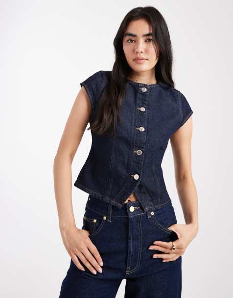 Miss Selfridge - Gilet in denim lavaggio indaco con maniche ad aletta - view 1