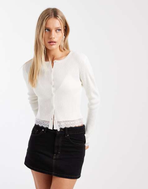 Miss Selfridge - Gilet nervuré avec détails en dentelle - Crème - view 1