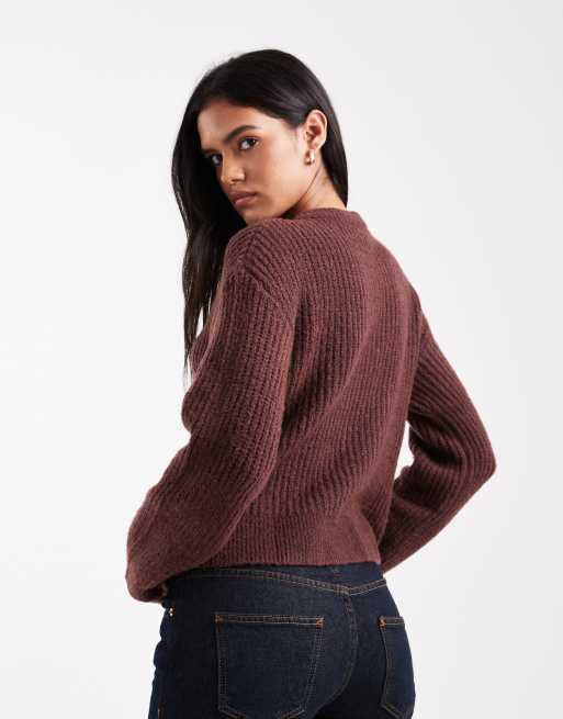 Miss Selfridge - Gilet ras de cou en maille côtelée épaisse - Chocolat, 3 de 4
