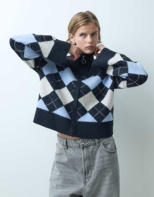 Miss Selfridge gilet zippé à col montant à motif argyle bleu marine, 2 de 5
