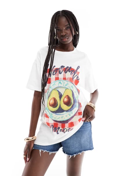 Miss Selfridge gingham avocado graphic oversized tee in white - view 1
