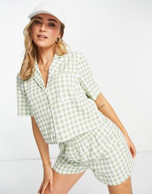 Miss Selfridge gingham co-ord button through cropped shirt in sage