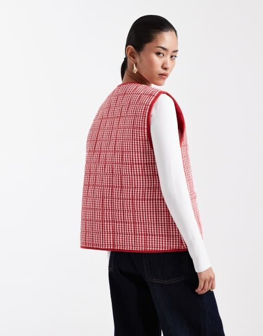 Miss Selfridge gingham embroidered tie front vest in red, 4 of 4