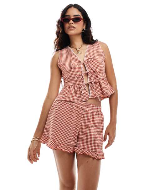 Miss Selfridge gingham frill short in rust - view 1