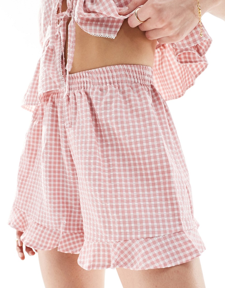 Miss Selfridge Gingham Frill Shorts In Pink Gingham - Part Of A Set