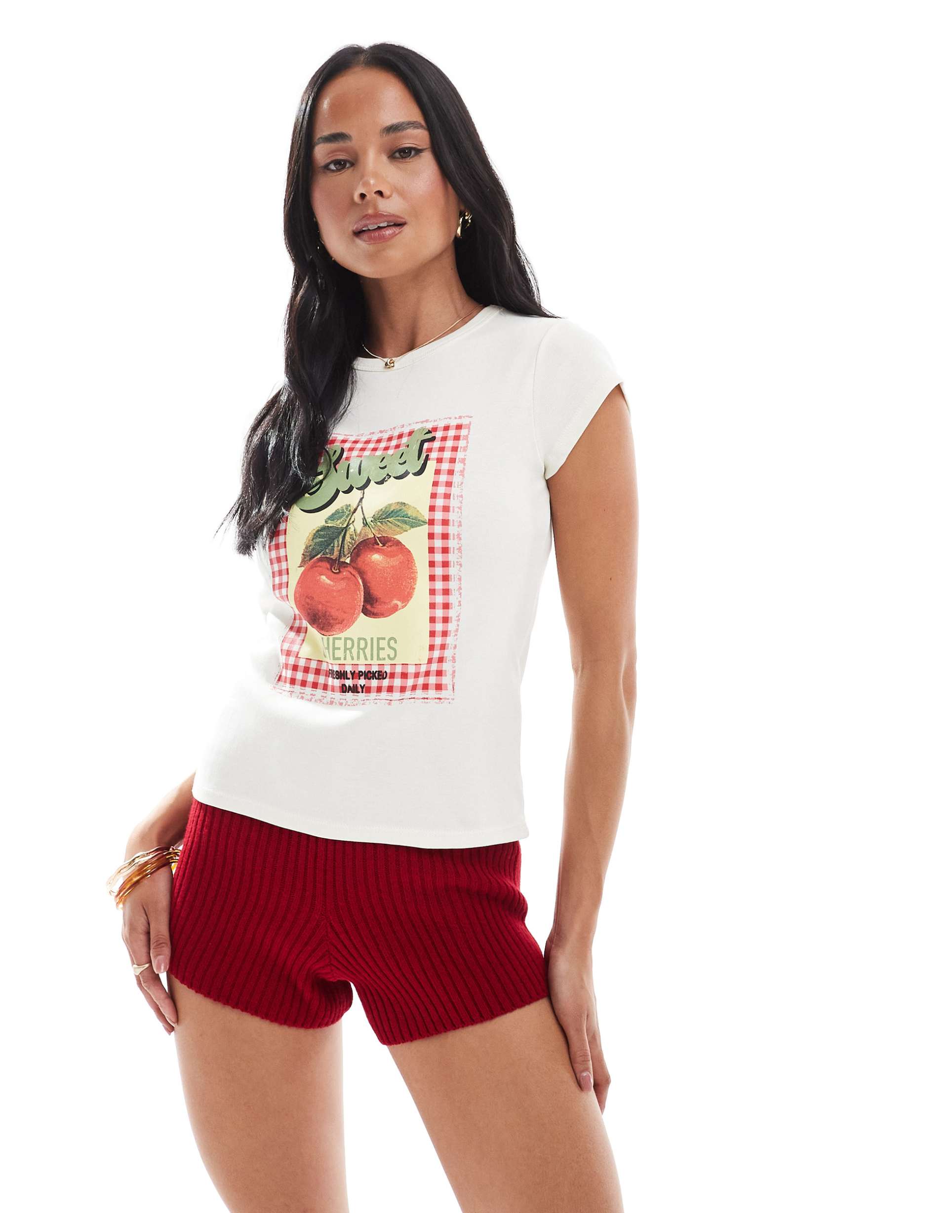 miss selfridge gingham graphic cherry baby tee in red