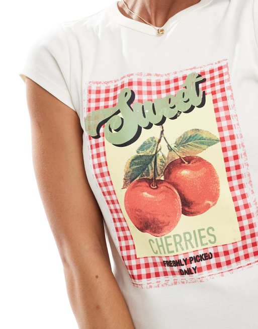 Miss Selfridge gingham graphic cherry baby tee in red | ASOS