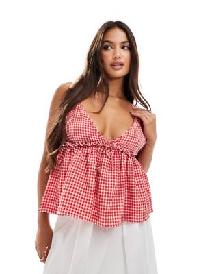 Miss Selfridge gingham peplum cami top-Neutral