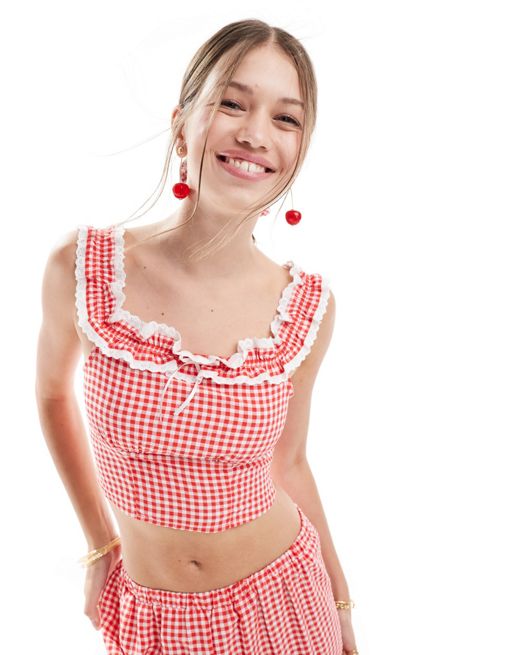 Miss Selfridge gingham ruffle trim cami top in red (part of a set)