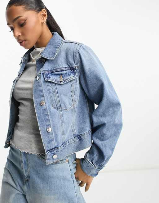 Miss Selfridge girlfriend denim jacket in blue wash | ASOS