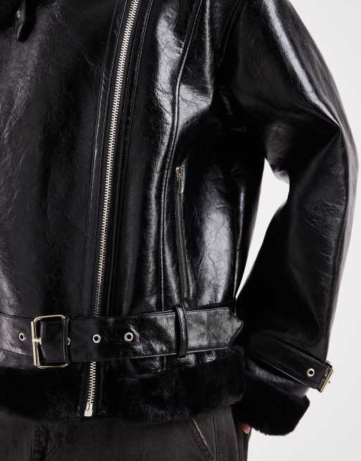 Miss Selfridge – Glänzende Pilotenjacke in Schwarz, 3 von 4