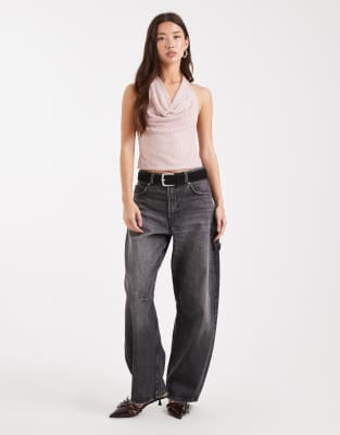 Miss Selfridge Glitter Cowl Neck Halterneck Top-neutral In Neutral