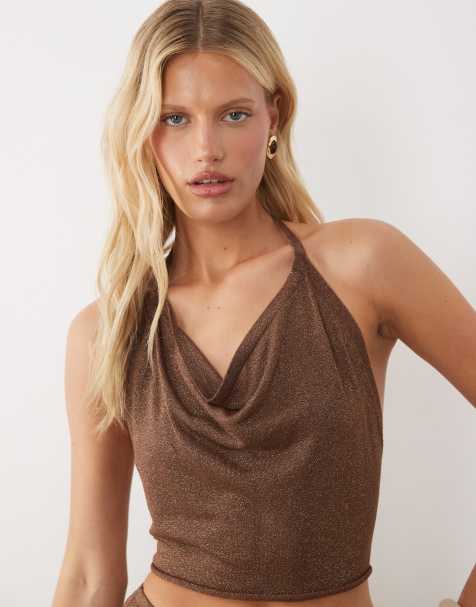 Miss Selfridge glitter gebreide haltertop co-ord in chocoladebruin - view 1