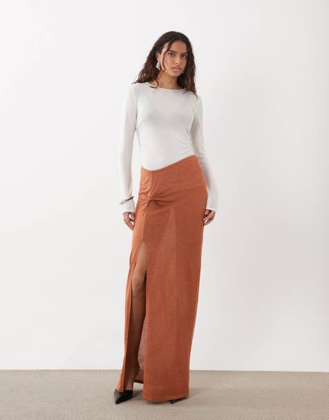 Miss Selfridge glitter knit twist detail maxi skirt in congac - view 1