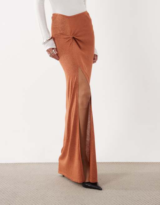 Miss Selfridge glitter knit twist detail maxi skirt in congac, 2 of 5