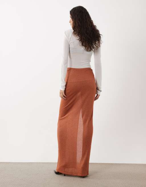 Miss Selfridge glitter knit twist detail maxi skirt in congac, 3 of 5