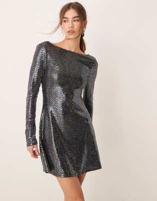 Miss Selfridge glitter sequin long sleeve flare mini dress-Black