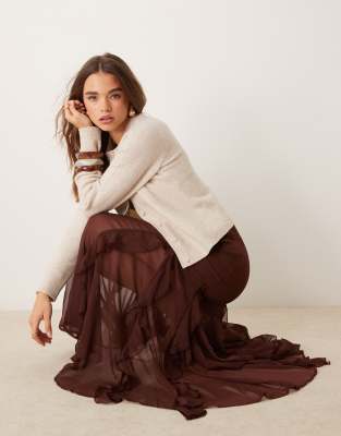 godet insert maxi skirt in brown